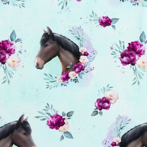 Baumwolljersey Blumen-Pferd | Glitzerpüppi – eisblau/pastellviolett, 