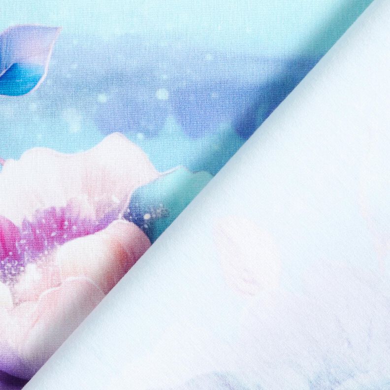 Baumwolljersey Summertime Blossoms | Glitzerpüppi – himmelblau/lavendel, image number 4