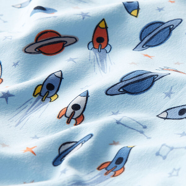 Baumwolljersey Raketen und Planeten – babyblau | Reststück 50cm
