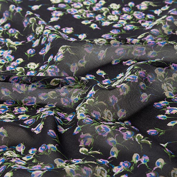 Chiffon Wildblumen - schwarz | Reststück 100cm