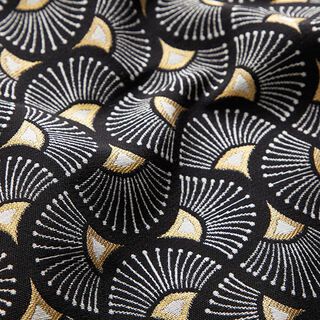 Dekostoff Jacquard kleine Fächer – schwarz/gold, 