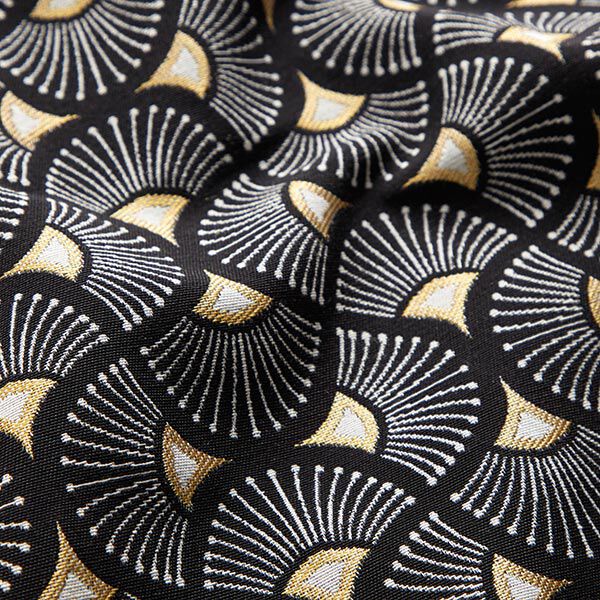 Dekostoff Jacquard kleine Fächer – schwarz/gold | Reststück 100cm