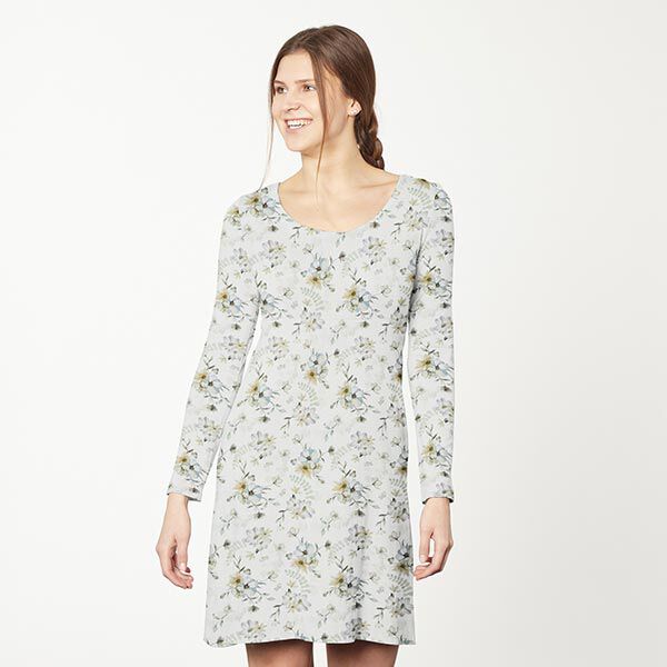 GOTS Baumwolljersey große Aquarell-Blumen – nebelgrau/aquablau, image number 6