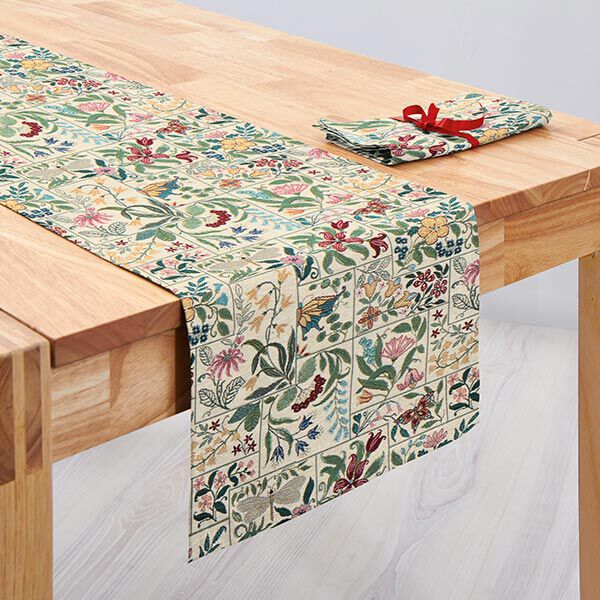 Dekostoff Gobelin Blumen-Kacheln – hellbeige