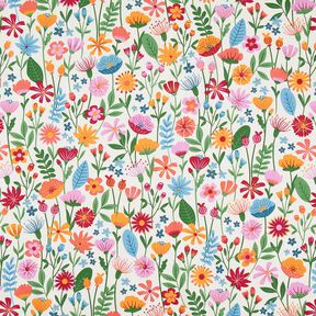 Dekostoff Halbpanama kunterbunte Blumen – elfenbein/pastellviolett, 