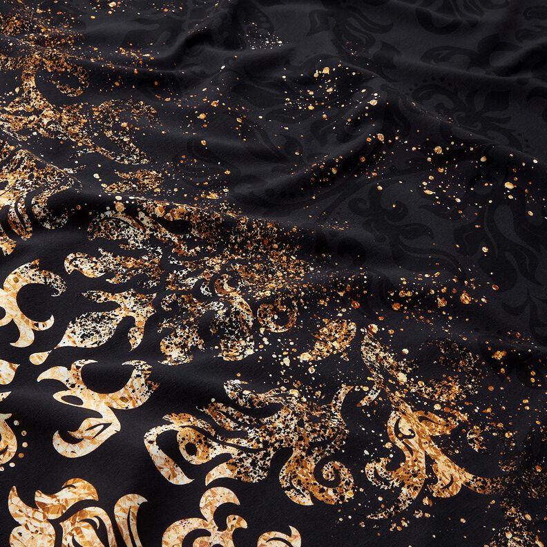 French Terry Sommersweat Bordürenstoff Goldornamente | Glitzerpüppi – schwarz/altgold,  image number 2