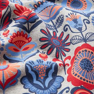 French Terry Sommersweat Folklore Blumenwiese – silbergrau/feuerrot, 