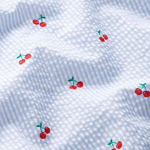 Seersucker Kirschen – weiss/hellblau | Reststück 50cm