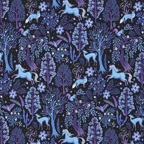 French Terry Sommersweat Märchenwald Digitaldruck | Poppy Fabrics – schwarzblau/rotlila, 