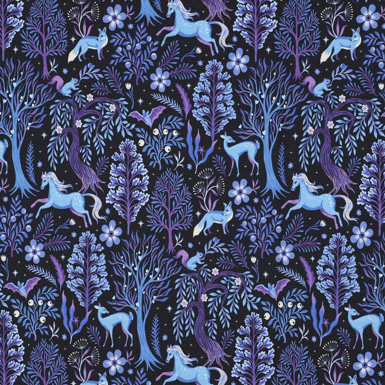 French Terry Sommersweat Märchenwald Digitaldruck | Poppy Fabrics – schwarzblau/rotlila, image number 1