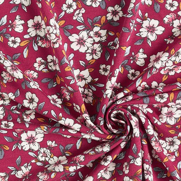 Modaljersey Blumen| by Poppy – bordeauxrot | Reststück 100cm