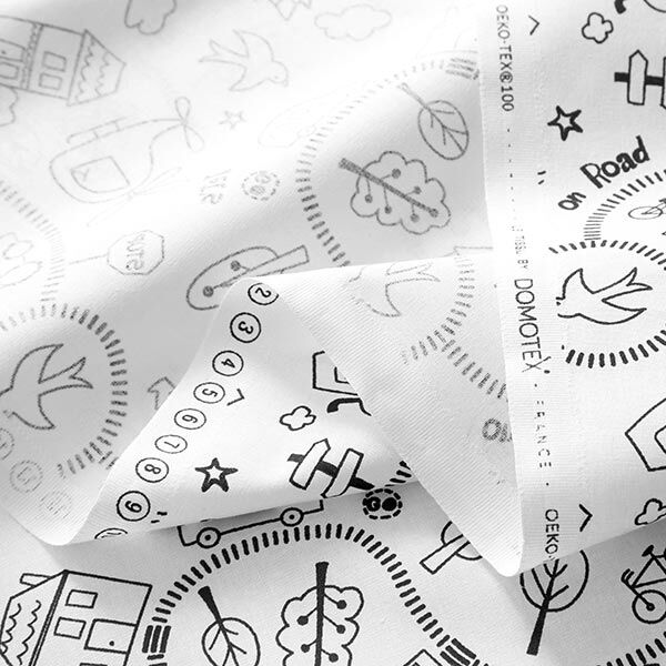 Baumwollpopeline Ausmalstoff Unterwegs – weiss/schwarz | Reststück 100cm