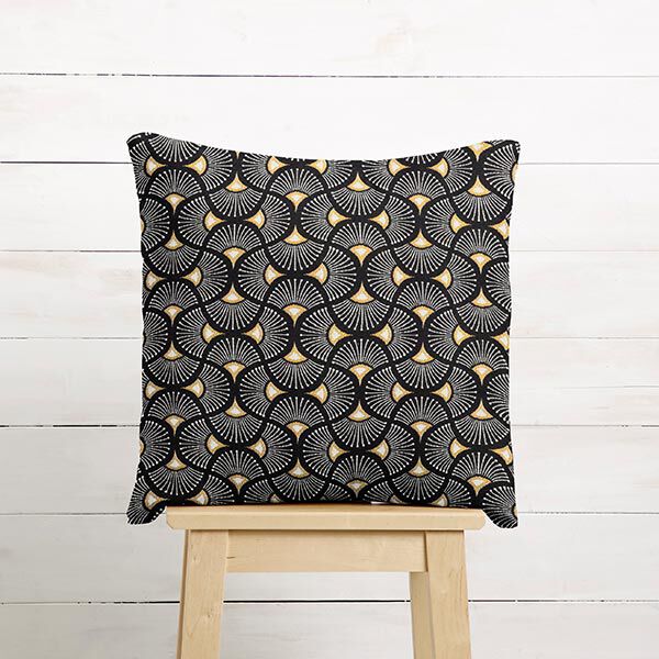 Dekostoff Jacquard kleine Fächer – schwarz/gold | Reststück 100cm