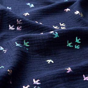 Musselin/ Doppel-Krinkel Gewebe Schwalben Foliendruck | Poppy Fabrics – nachtblau/farbmix, 