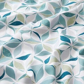 Viskosestoff geometrisches Blumenmuster – weiss/aquablau, 