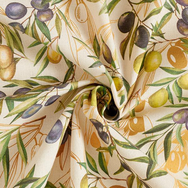 Dekostoff Halbpanama Olivenzweige recycelt – hellbeige | Reststück 50cm
