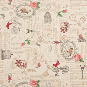 Dekostoff Halbpanama romantische Collage – natur/hellbeere, 