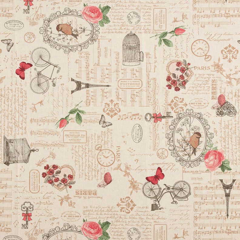 Dekostoff Halbpanama romantische Collage – natur/hellbeere,  image number 1