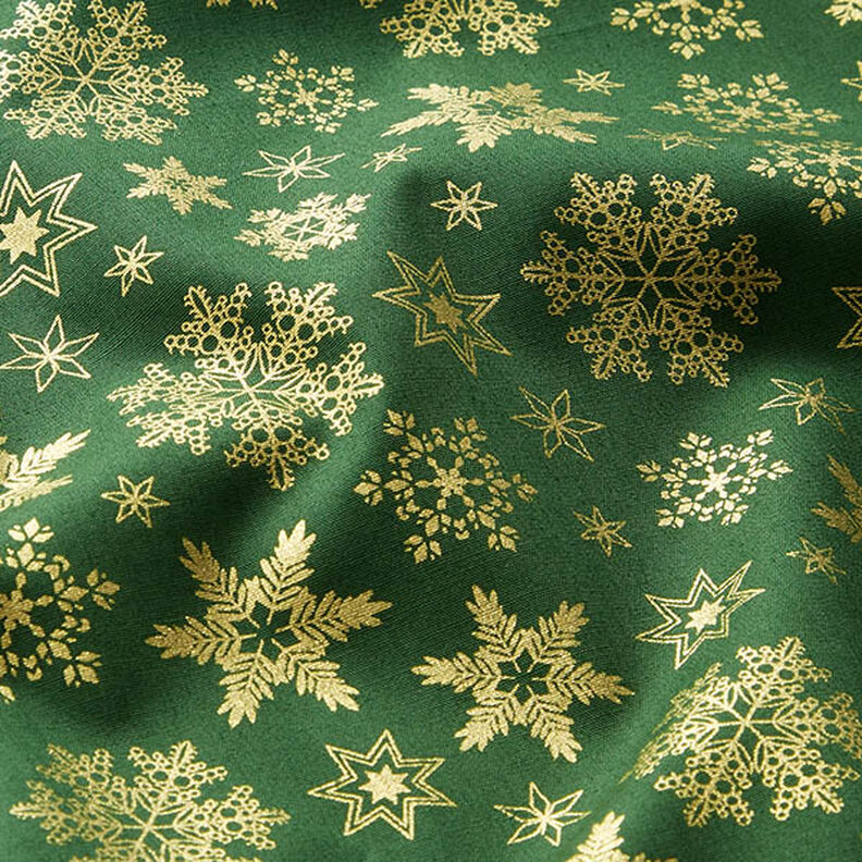 Baumwollstoff Popeline Schneekristalle – grün/gold, image number 2