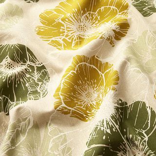 Dekostoff Halbpanama imposante Blüten – gelboliv/natur, 