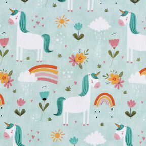 Baumwollpopeline Einhorn in der Regenbogenwelt Digitaldruck – eisblau, 