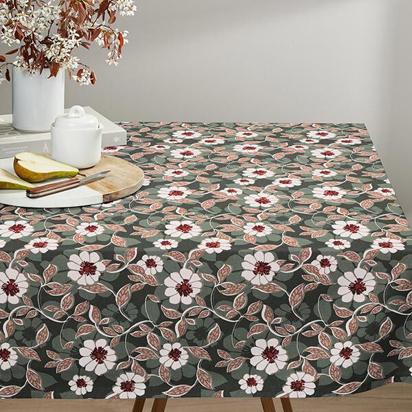 Dekostoff Canvas große Blüten – dunkelgrün/wollweiss | Reststück 100cm