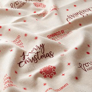 Dekostoff Halbpanama Merry Christmas – beige/dunkelrot, 