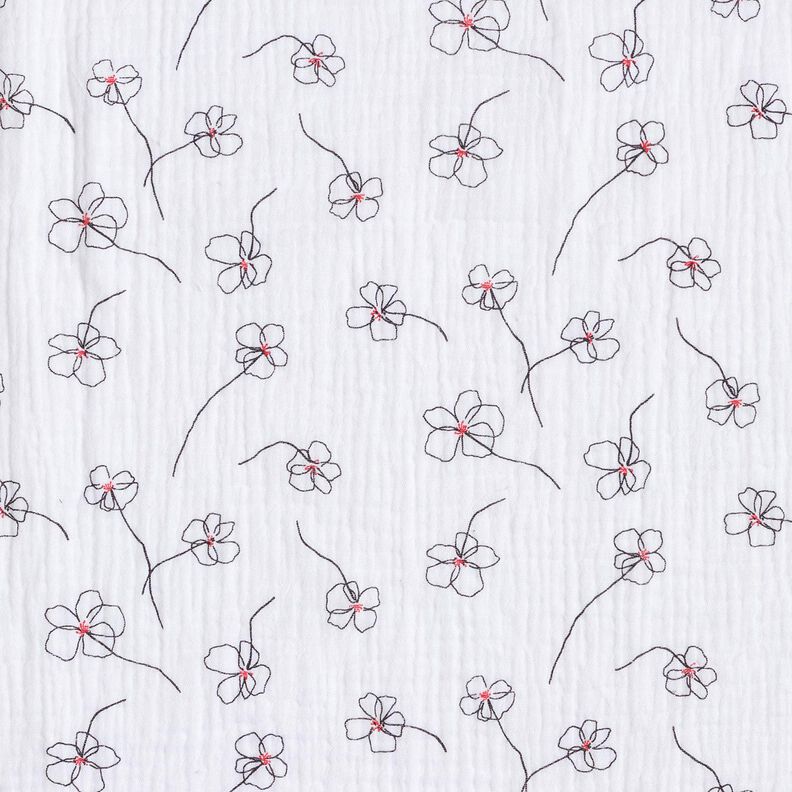 Musselin/ Doppel-Krinkel Gewebe gemalte Mohnblumen – weiss/schwarz,  image number 1