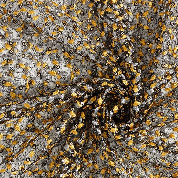Spitzenstoff Blumenranken & Pailletten – schwarz/gold, image number 3
