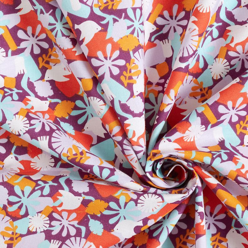 Baumwollstoff Cretonne Vögel und Blumen – traube/pastellviolett, image number 3
