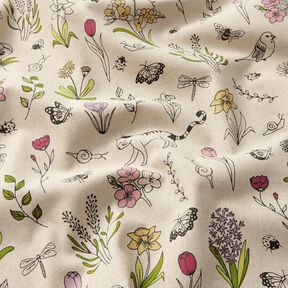 Dekostoff Halbpanama Frühlingsblumen – natur/rosa, 