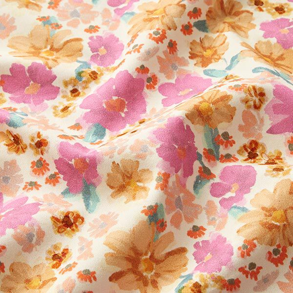 Baumwoll Stretch Aquarellblumen – wollweiss | Reststück 60cm