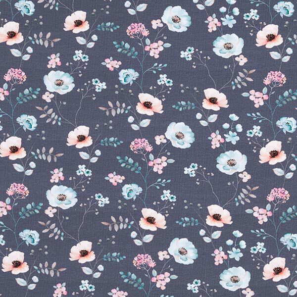 Baumwolljersey Frühlingsblumen Digitaldruck – marineblau | Reststück 50cm