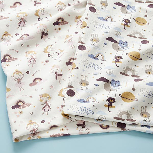 Baumwolljersey Tiere im Weltall – wollweiss/stahlblau | Reststück 50cm