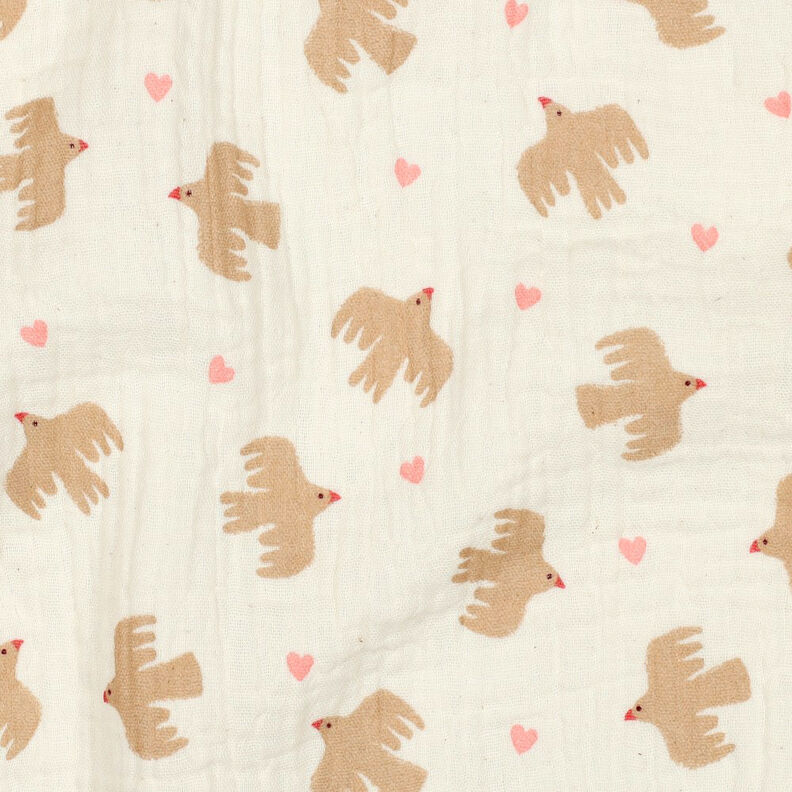 GOTS Musselin/ Doppel-Krinkel Gewebe Vögel und Herzen | Poppy Fabrics – wollweiss,  image number 3