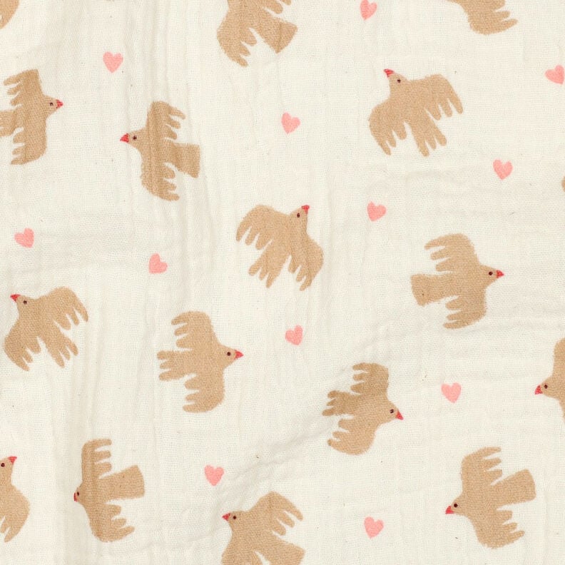 GOTS Musselin/ Doppel-Krinkel Gewebe Vögel und Herzen | Poppy Fabrics – wollweiss, image number 3