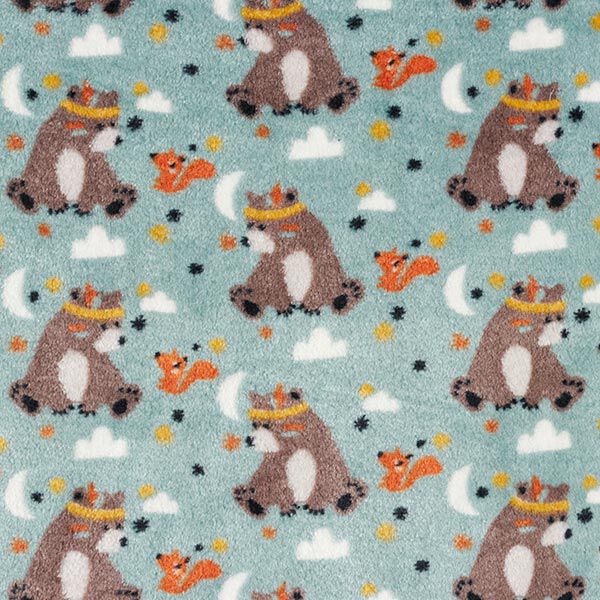 Wellnessfleece Doubleface Bär mit Federschmuck – hellgrau/dunkelbraun | Reststück 100cm