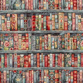 Dekostoff Gobelin buntes B&uuml;cherregal &ndash; blautanne/karminrot, 