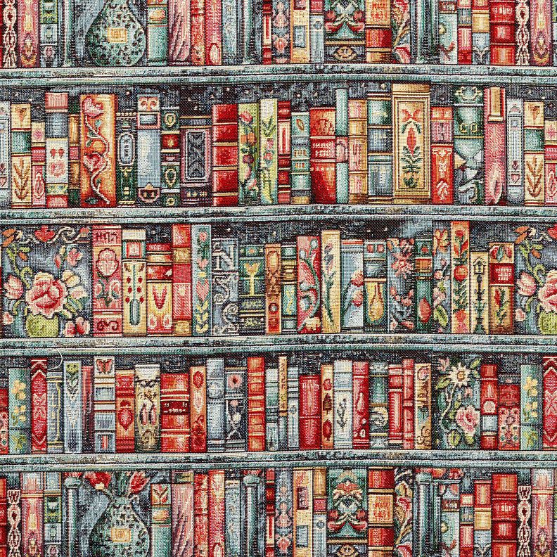 Dekostoff Gobelin buntes B&uuml;cherregal &ndash; blautanne/karminrot,  image number 1