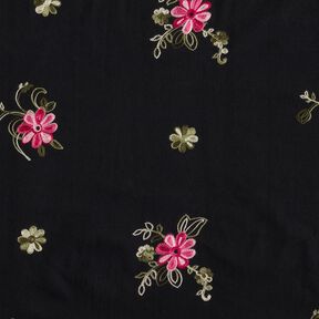 Baumwollpopeline Stickerei Blumensträuße – schwarz/beere, 