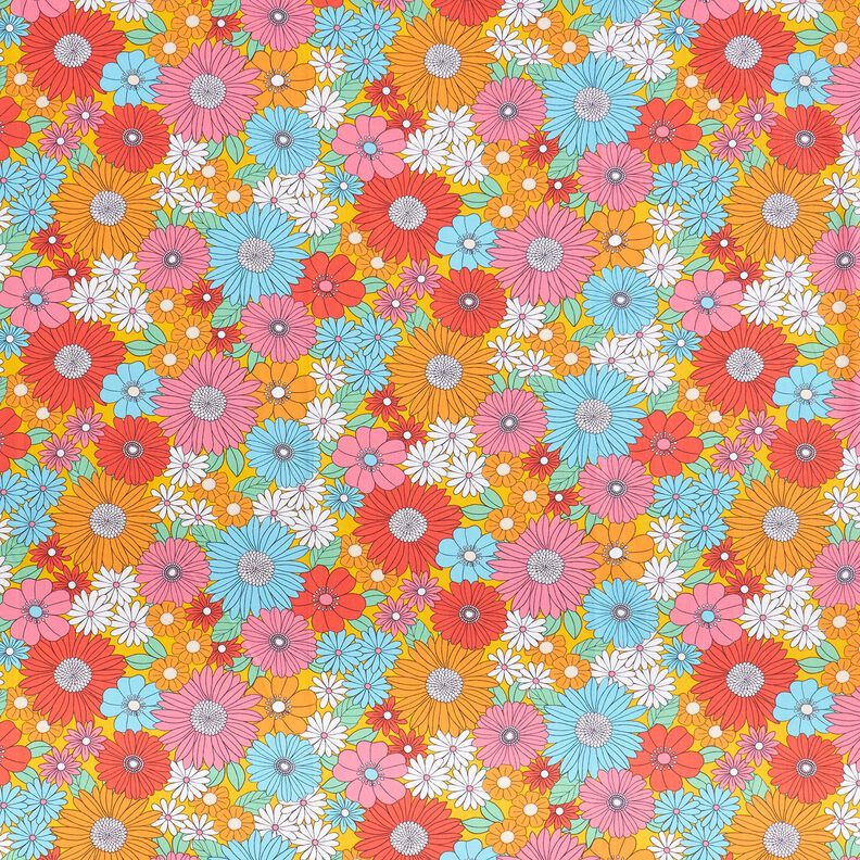 Baumwollstoff Cretonne große Retroblumen – türkis/sonnengelb,  image number 1