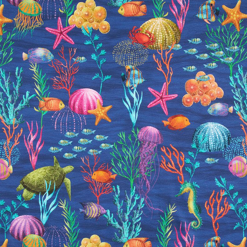 Dekostoff Halbpanama bunte Unterwasserwelt – marineblau/türkis,  image number 1