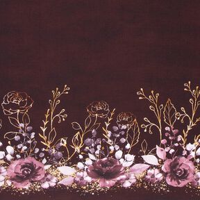 Baumwolljersey Bordürenstoff Blumen im Goldglitzer | Glitzerpüppi – bordeauxrot/pastellflieder, 