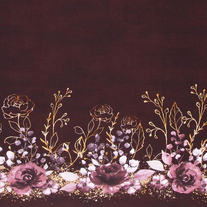 Baumwolljersey Bordürenstoff Blumen im Goldglitzer | Glitzerpüppi – bordeauxrot/pastellflieder, image number 1