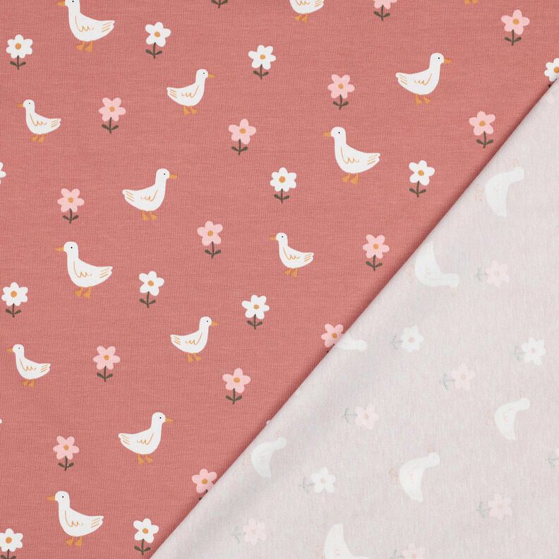 Baumwolljersey Gänse auf der Blumenwiese | Poppy Fabrics – dunkelaltrosa/weiss, image number 4