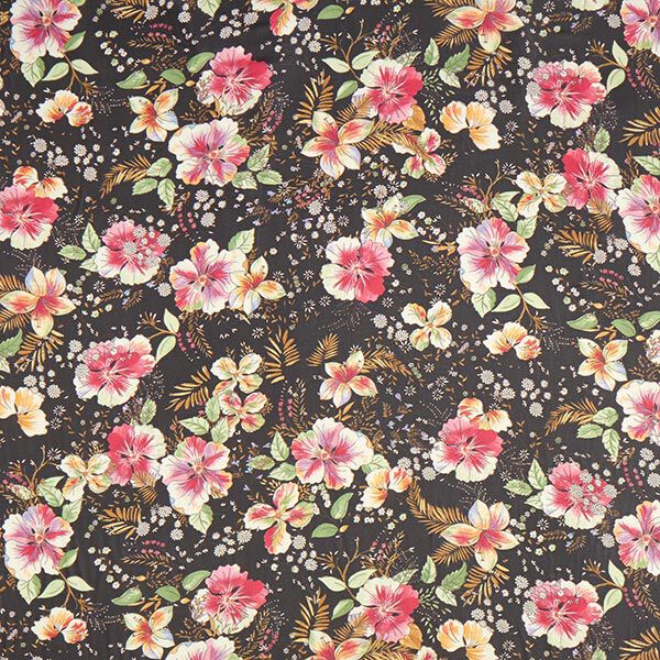 Chiffon exotische Blumen – schwarz | Reststück 50cm