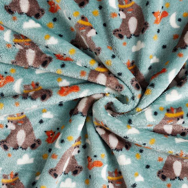 Wellnessfleece Doubleface Bär mit Federschmuck – hellgrau/dunkelbraun | Reststück 100cm