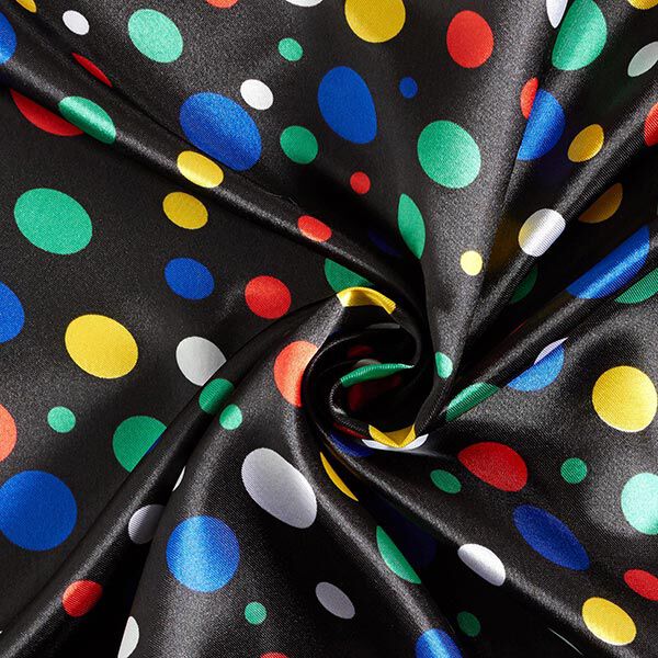 Polyestersatin bunte Punkte – schwarz | Reststück 50cm