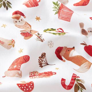 Baumwollstoff  Cretonne weihnachtliche Waldtiere – weiss/rot, 