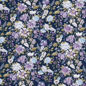 Baumwollpopeline romantische Blumenwiese – marineblau/lavendel, 